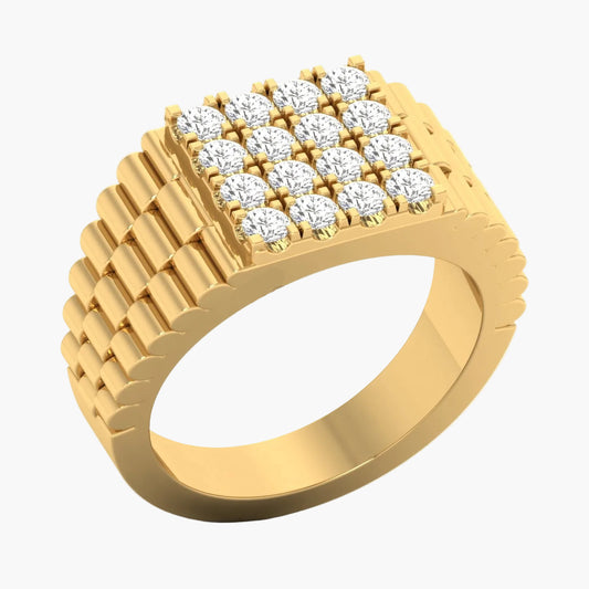 Gold ring with diamond accents on a white background