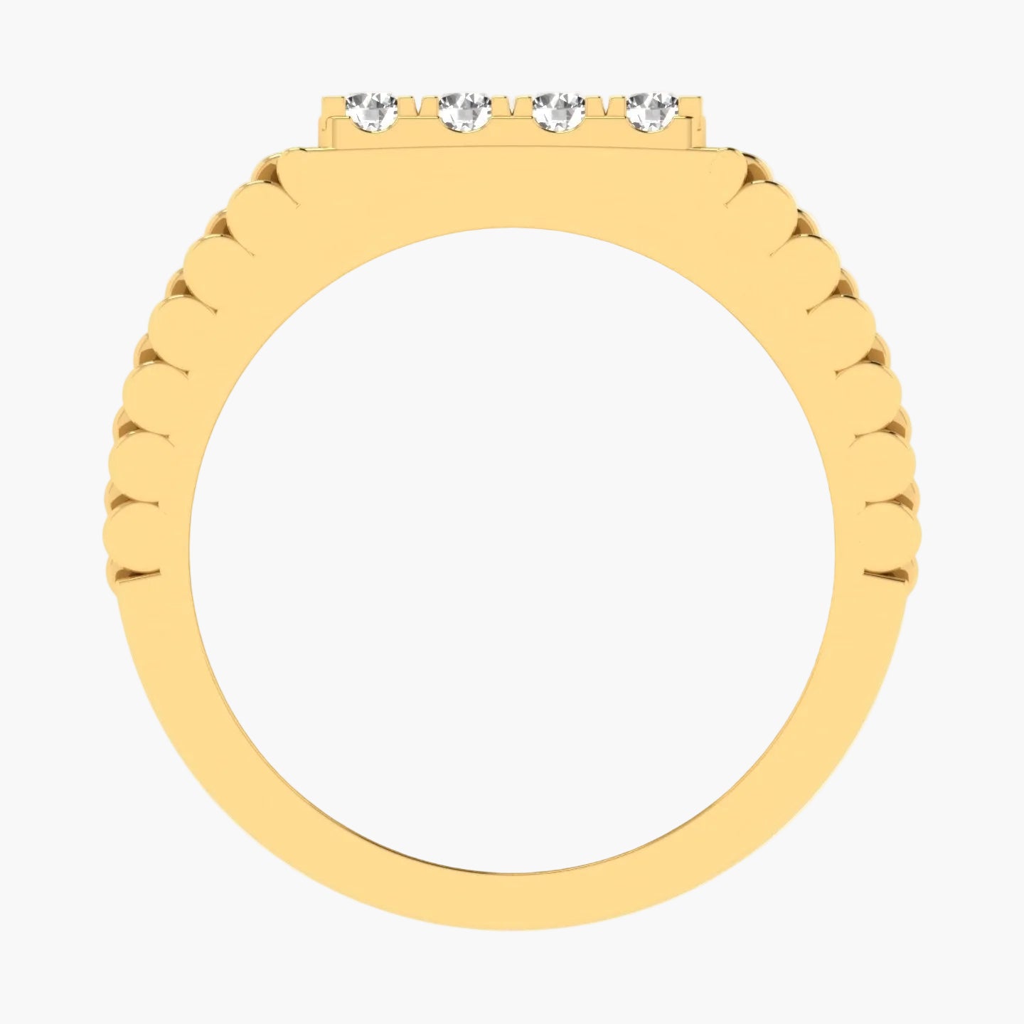 Gold ring with three diamonds on a white background, featuring 'Green Lab' branding.