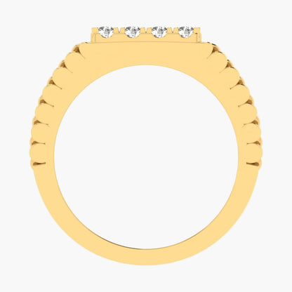 Gold ring with three diamonds on a white background, featuring 'Green Lab' branding.