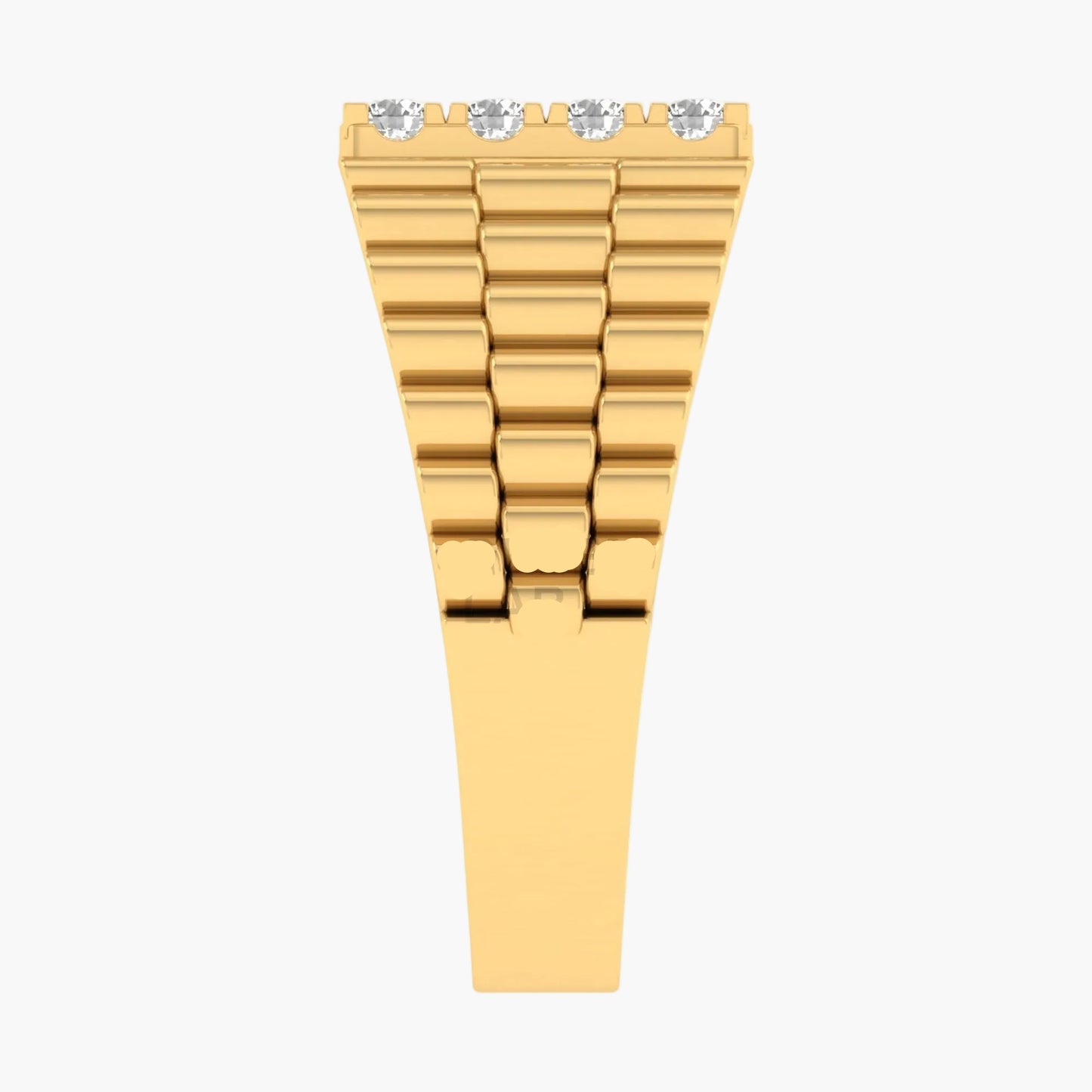 Gold watch strap with embedded diamonds on a white background