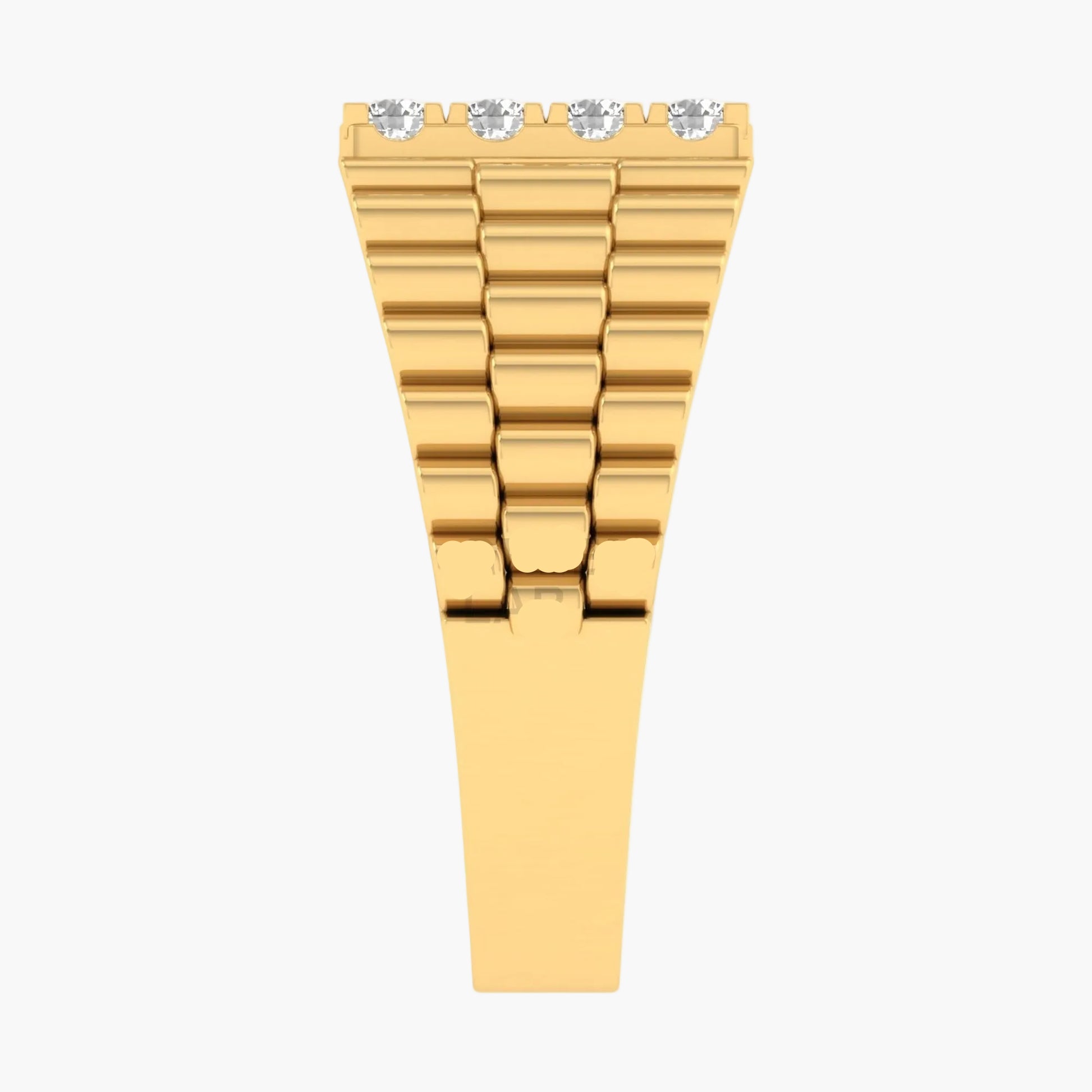 Gold watch strap with embedded diamonds on a white background