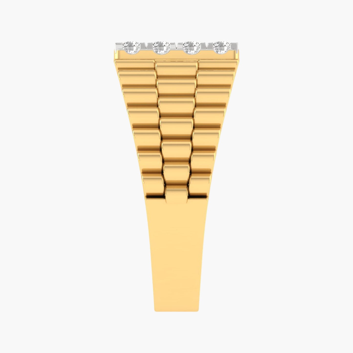 Gold watch strap with diamond-studded clasp on a white background