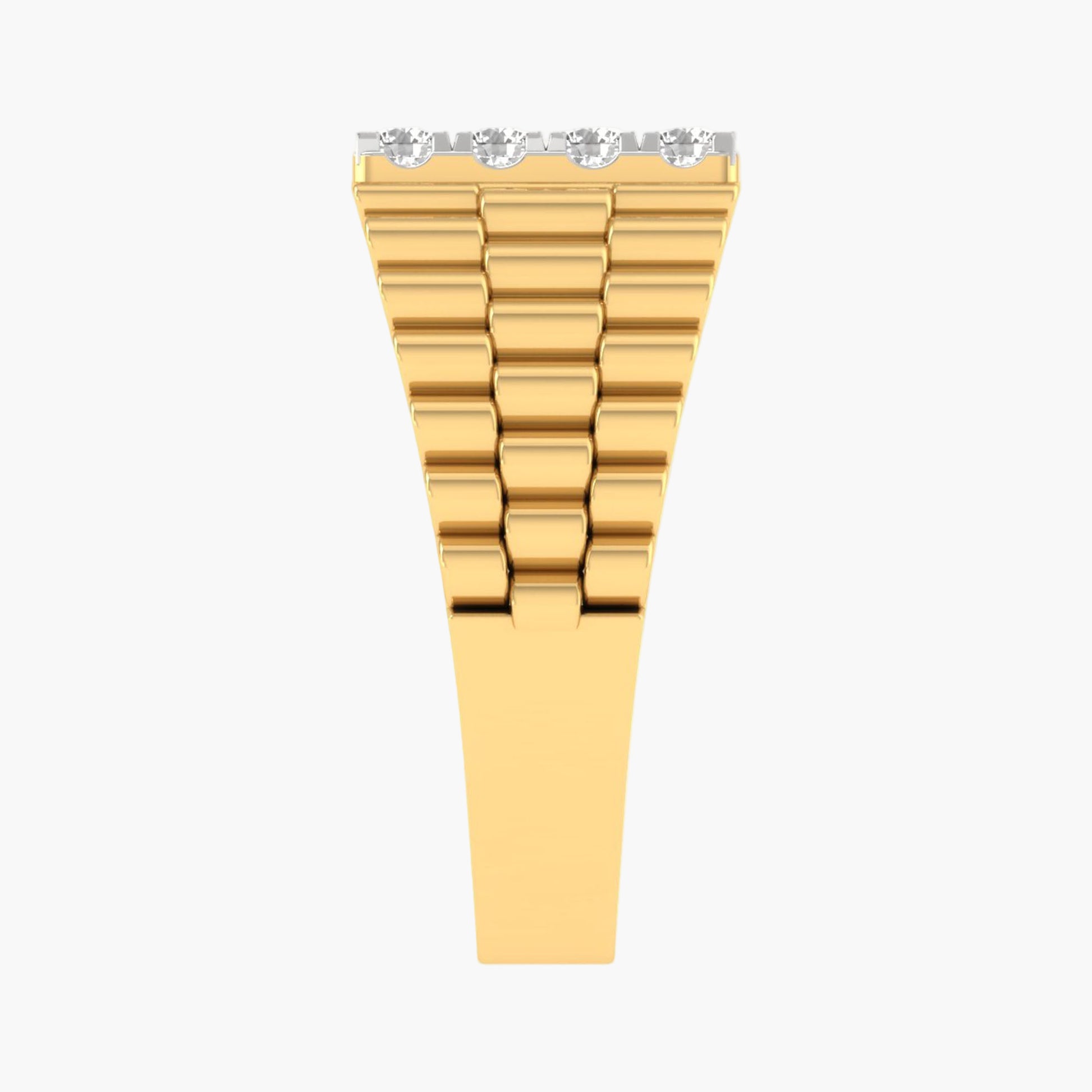 Gold watch strap with diamond-studded clasp on a white background