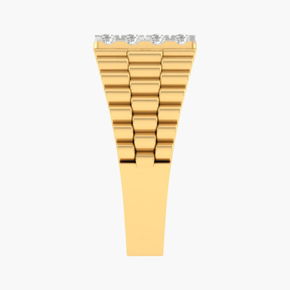 Gold watch strap with diamond-studded clasp on a white background
