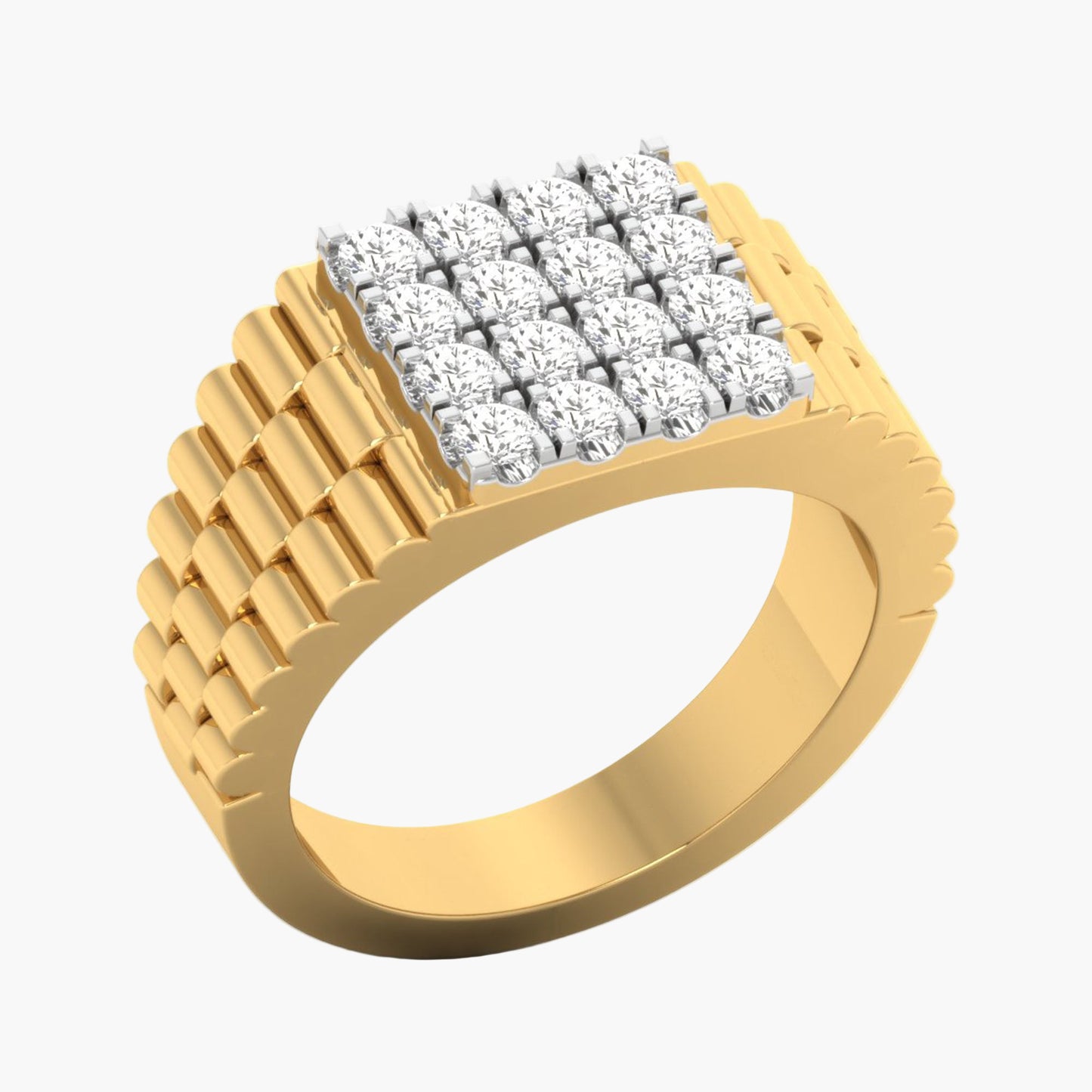 Gold ring with diamond-studded design on a white background