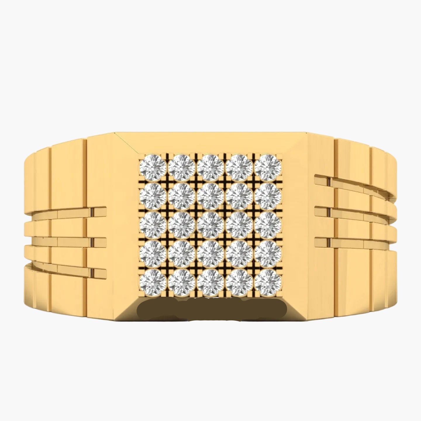 Gold ring with diamond-studded band on a white background