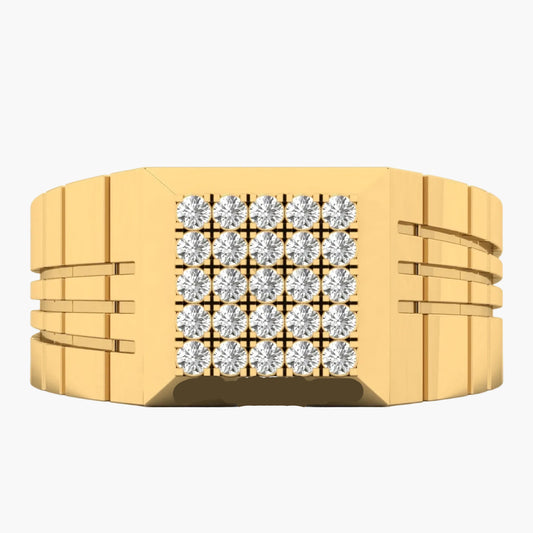 Gold ring with diamond-studded band on a white background