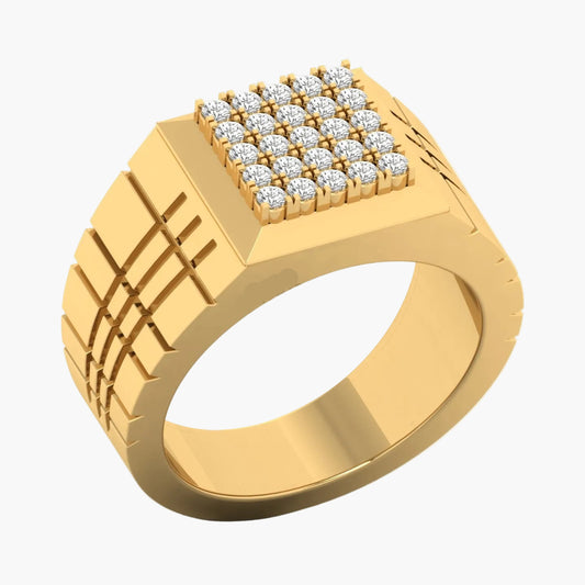 Gold ring with diamond-studded top on a white background