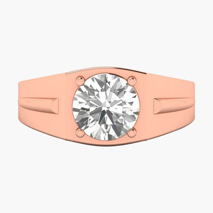 Rose gold ring with a large diamond on a white background