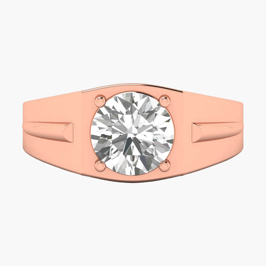 Rose gold ring with a large diamond on a white background