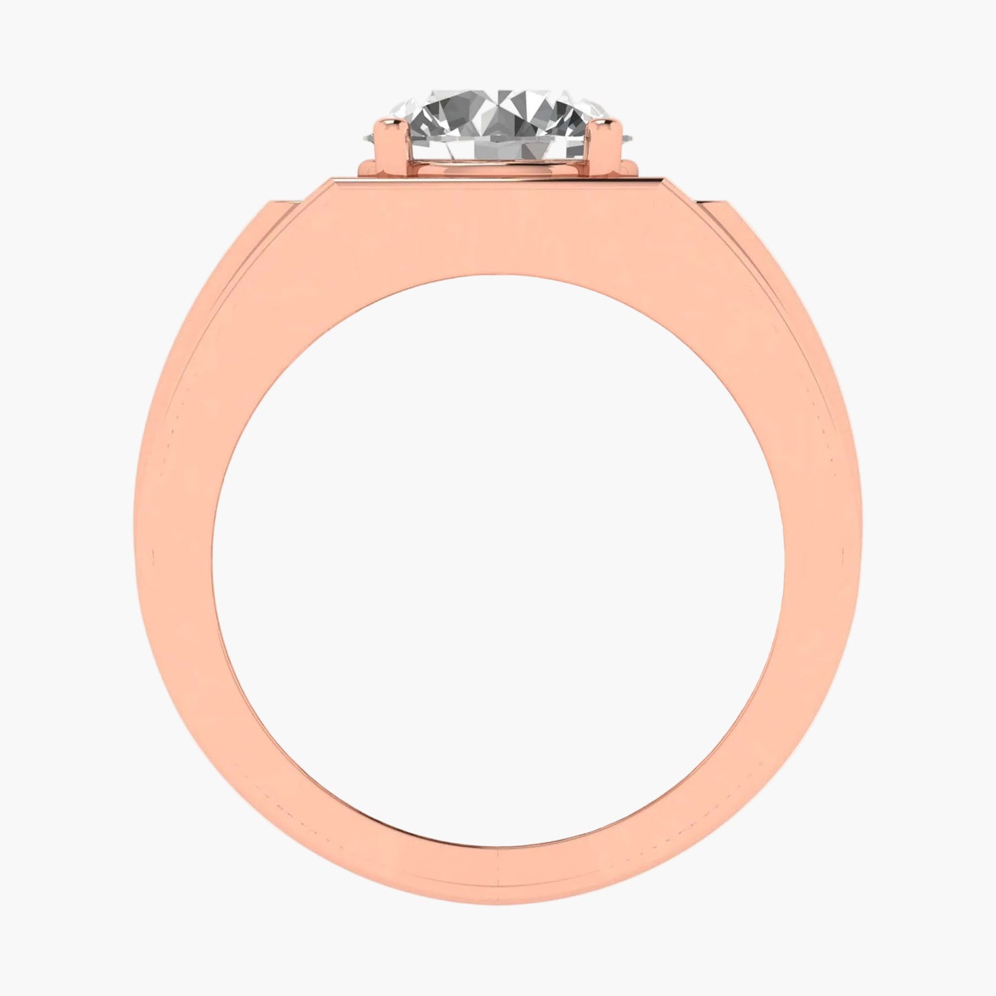 Rose gold ring with a clear gemstone on a white background