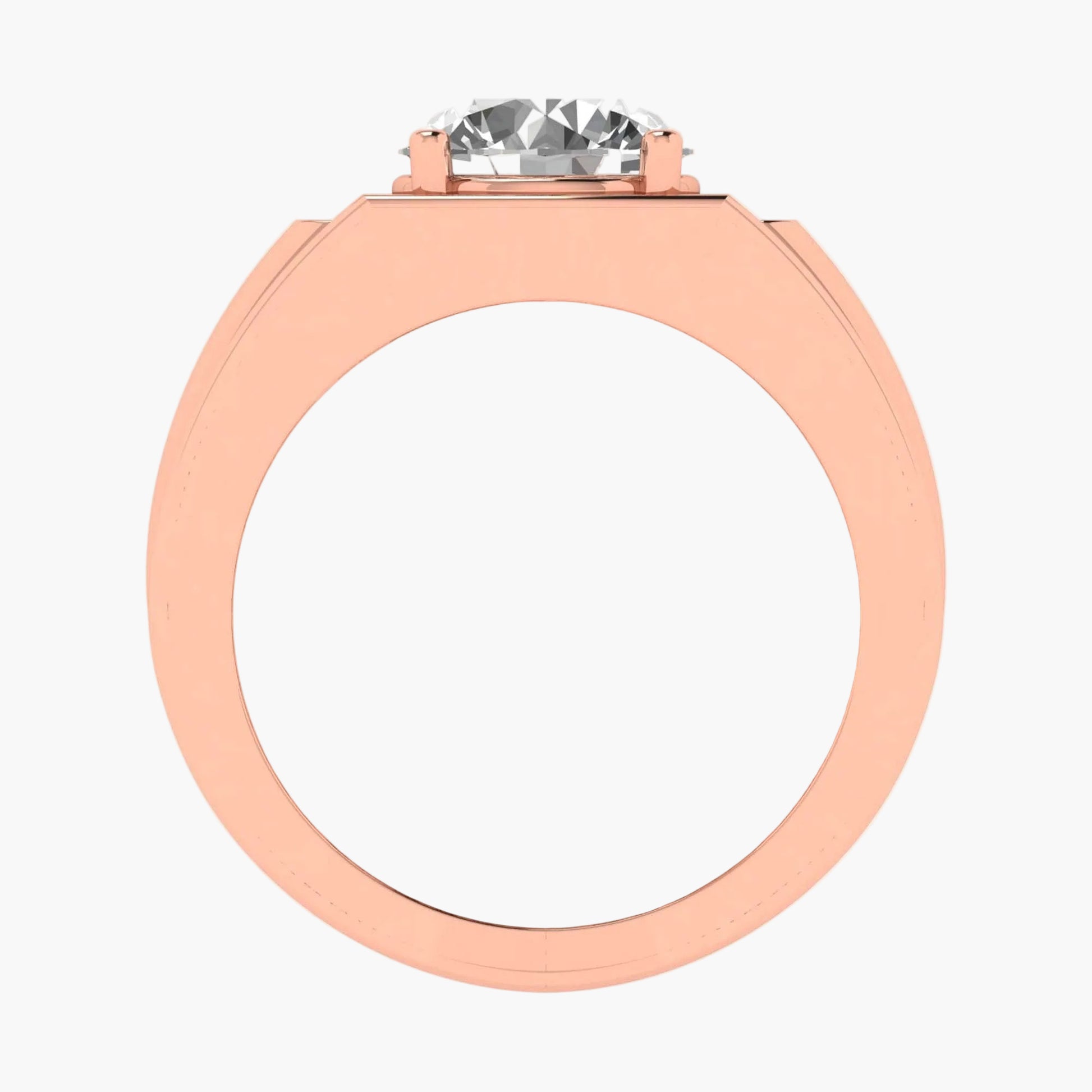 Rose gold ring with a clear gemstone on a white background