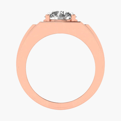 Rose gold ring with a clear gemstone on a white background