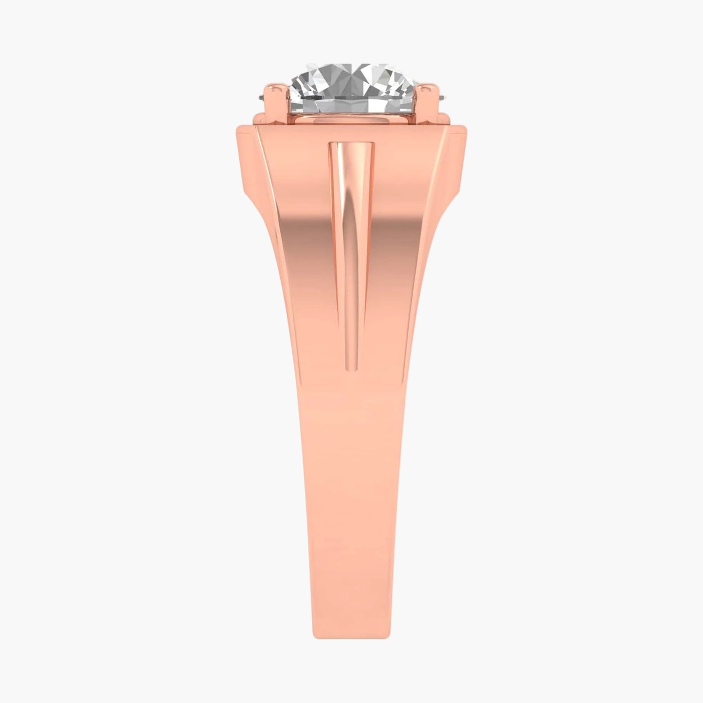 Rose gold ring with a clear gemstone on a white background