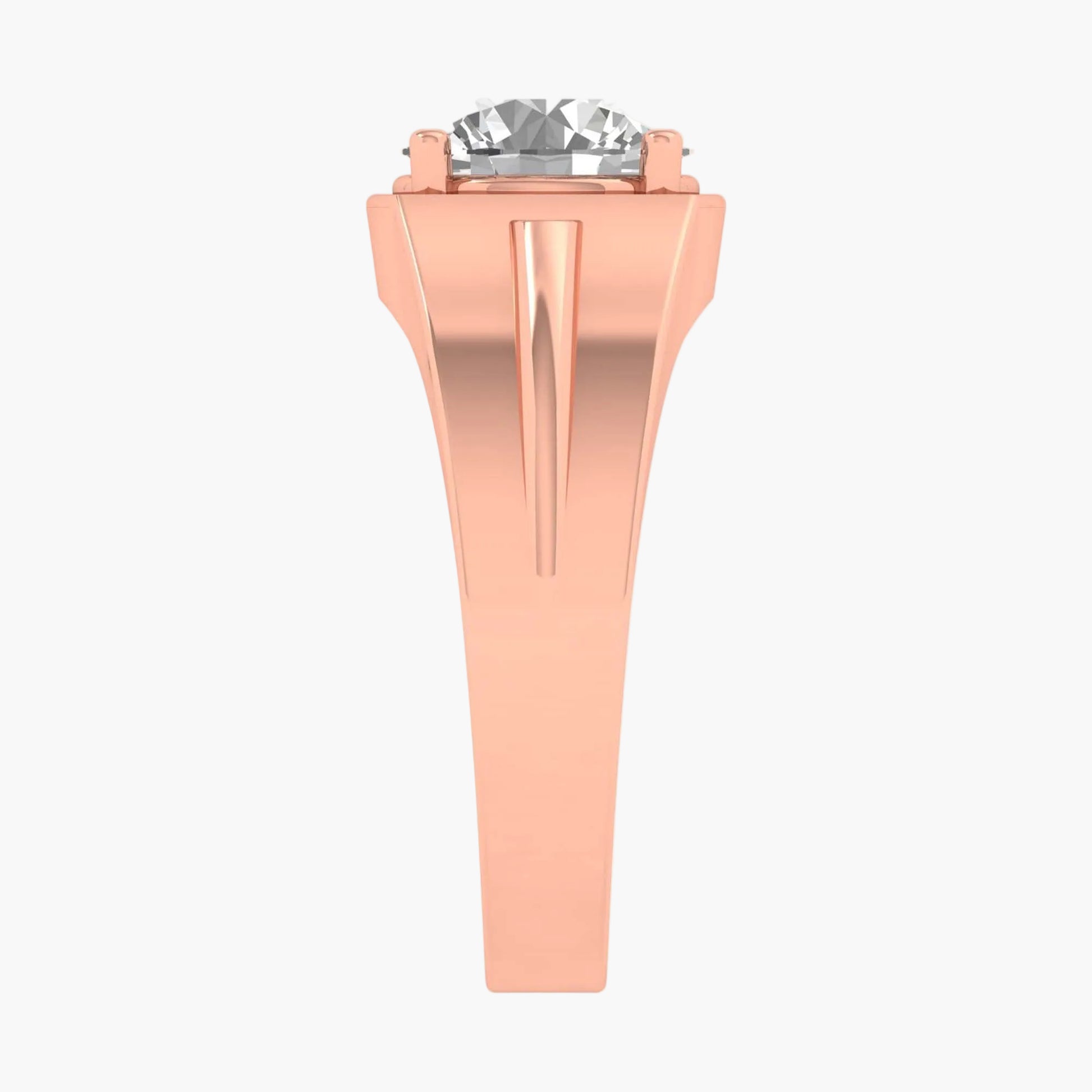Rose gold ring with a clear gemstone on a white background