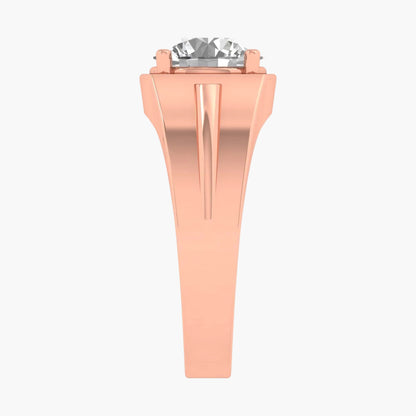 Rose gold ring with a clear gemstone on a white background