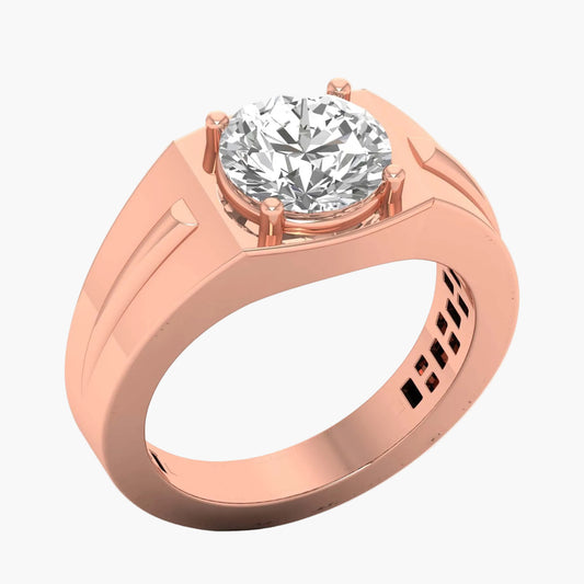 Rose gold ring with a large diamond on a white background