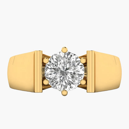Gold ring with a large diamond on a white background