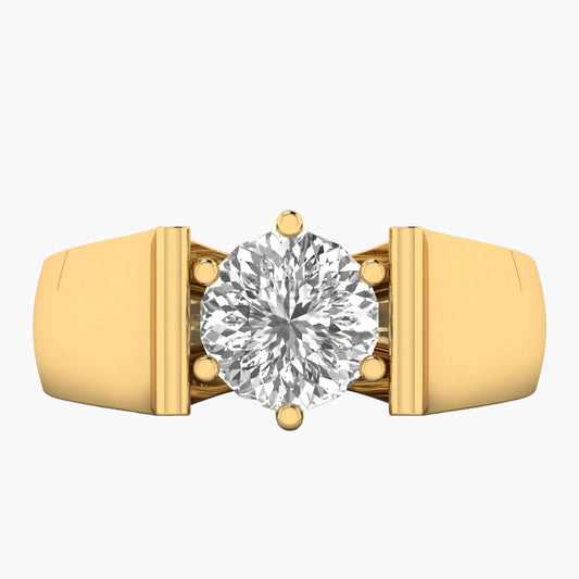 Gold ring with a large diamond on a white background