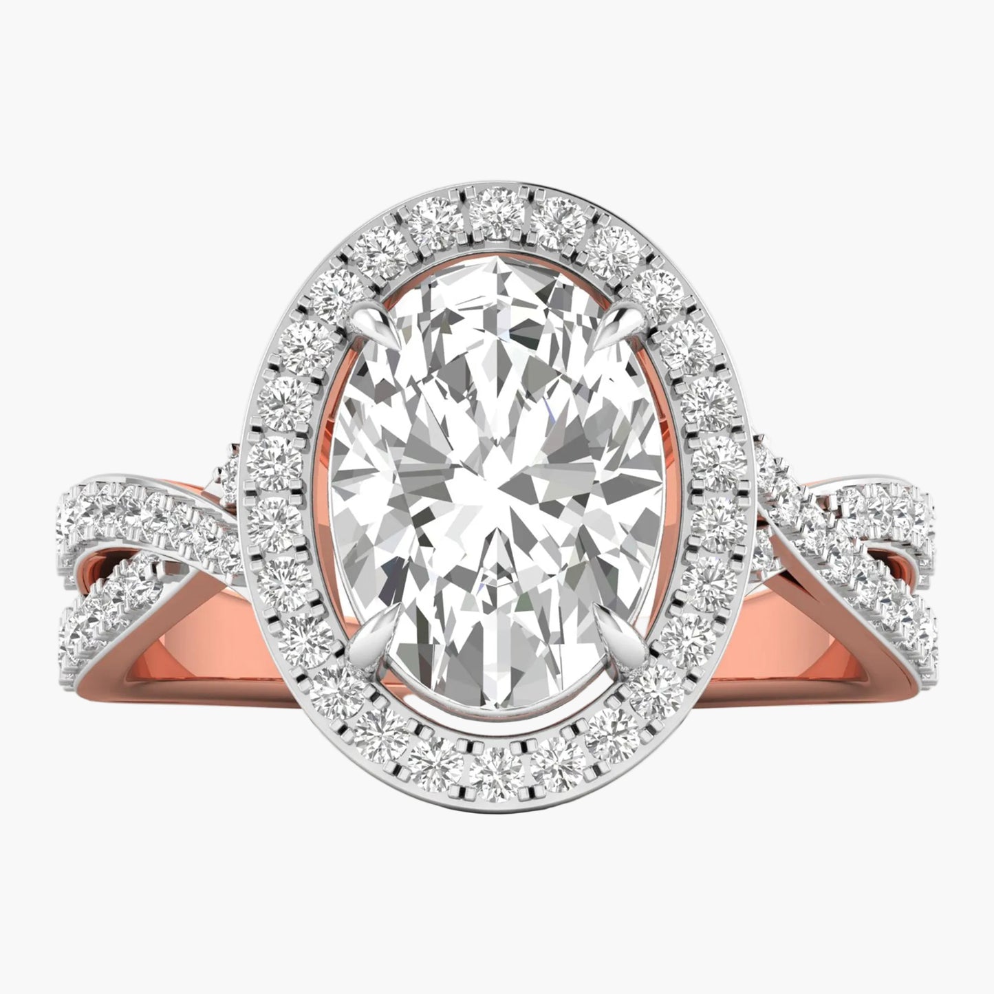 Rose gold and silver ring with a large diamond and smaller diamonds on the band against a white background