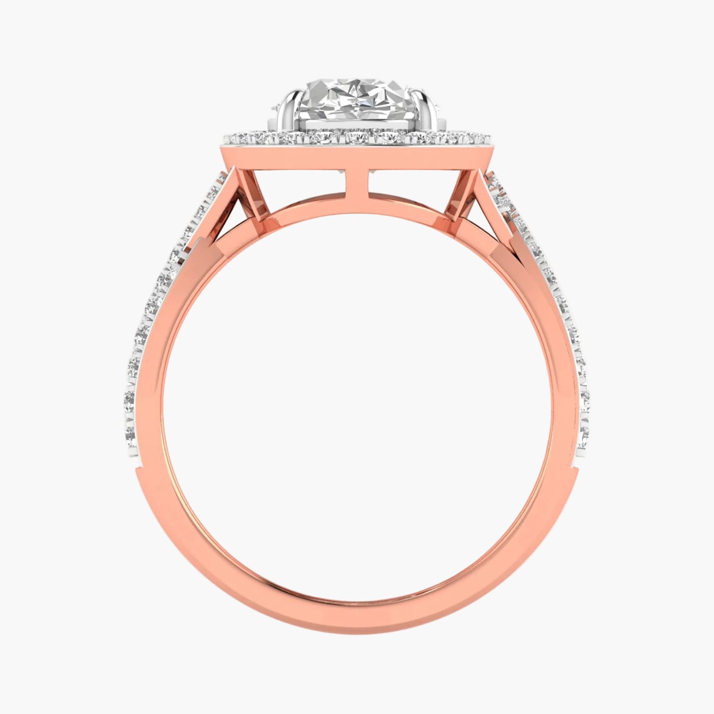 Rose gold ring with diamond accents on a white background