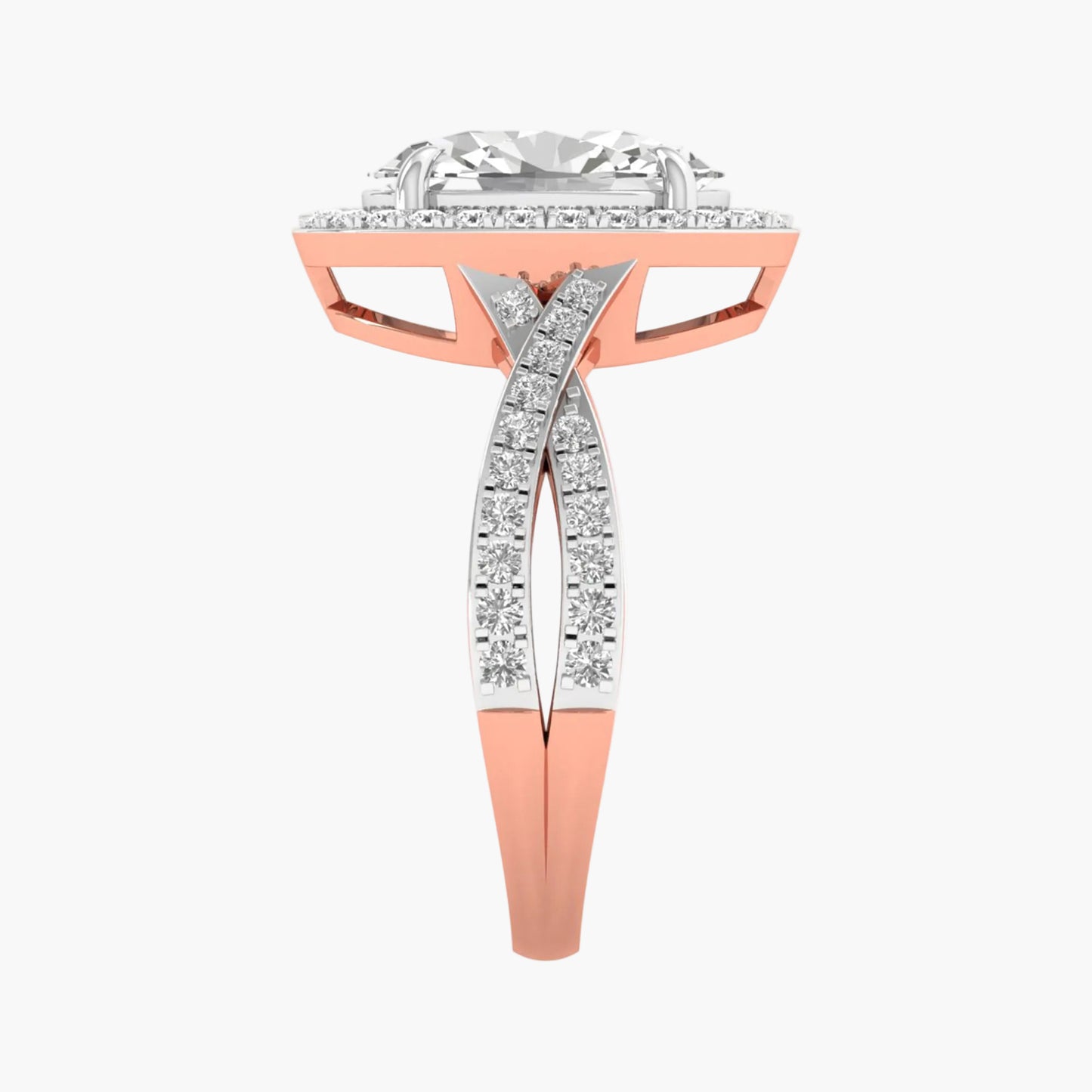 Rose gold and silver ring with diamond accents on a white background