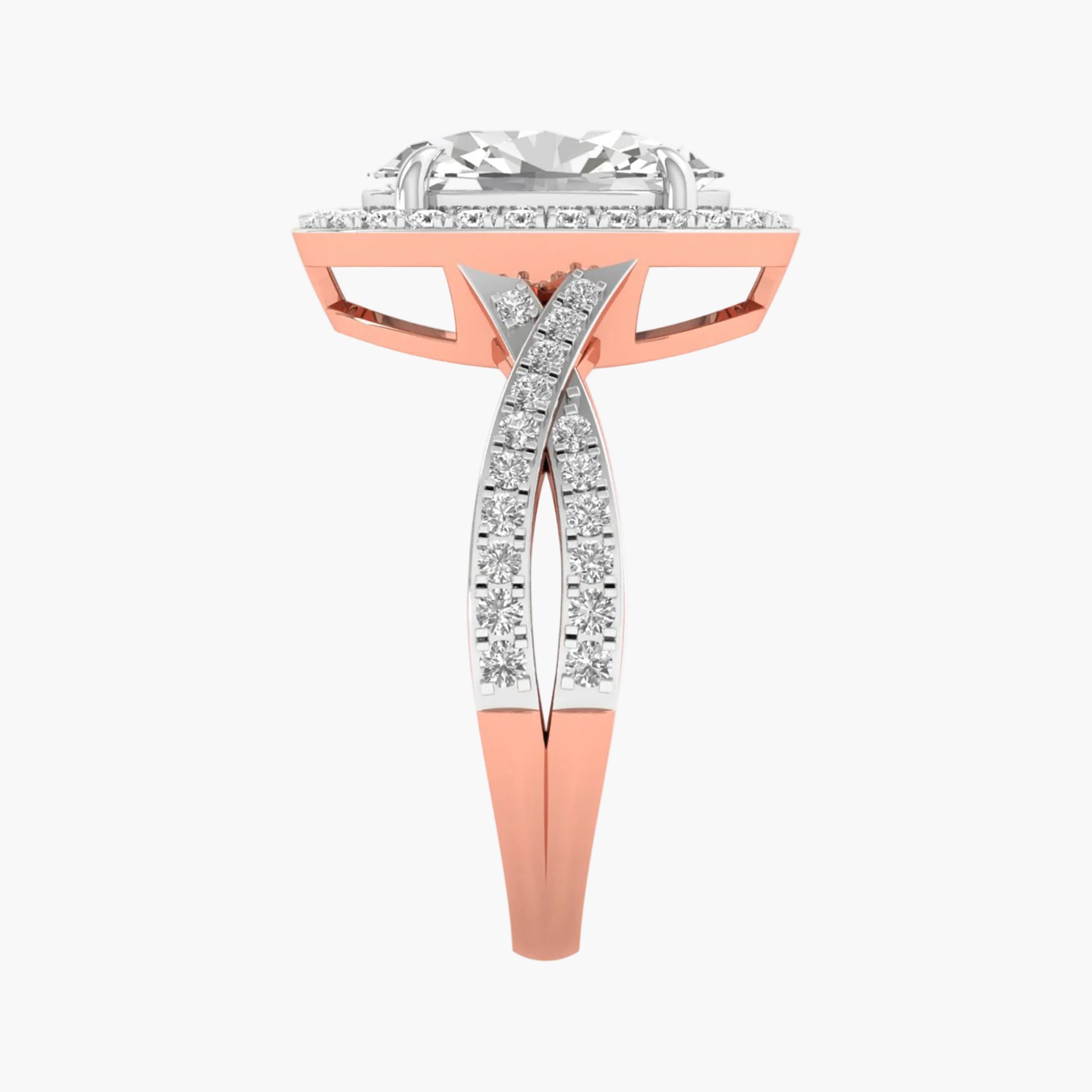 Rose gold and silver ring with diamond accents on a white background