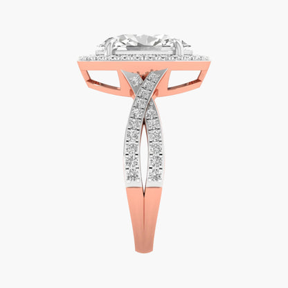Rose gold and silver ring with diamond accents on a white background