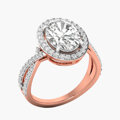 Rose gold ring with a large diamond and smaller diamonds on a white background