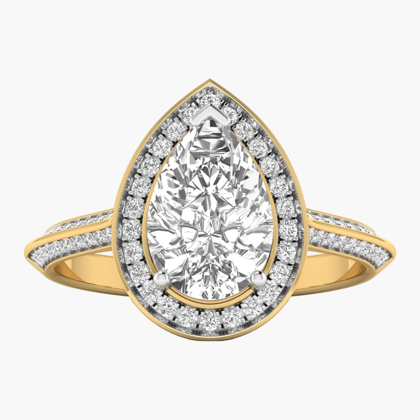 Gold ring with a pear-shaped diamond and diamond-studded band on a white background