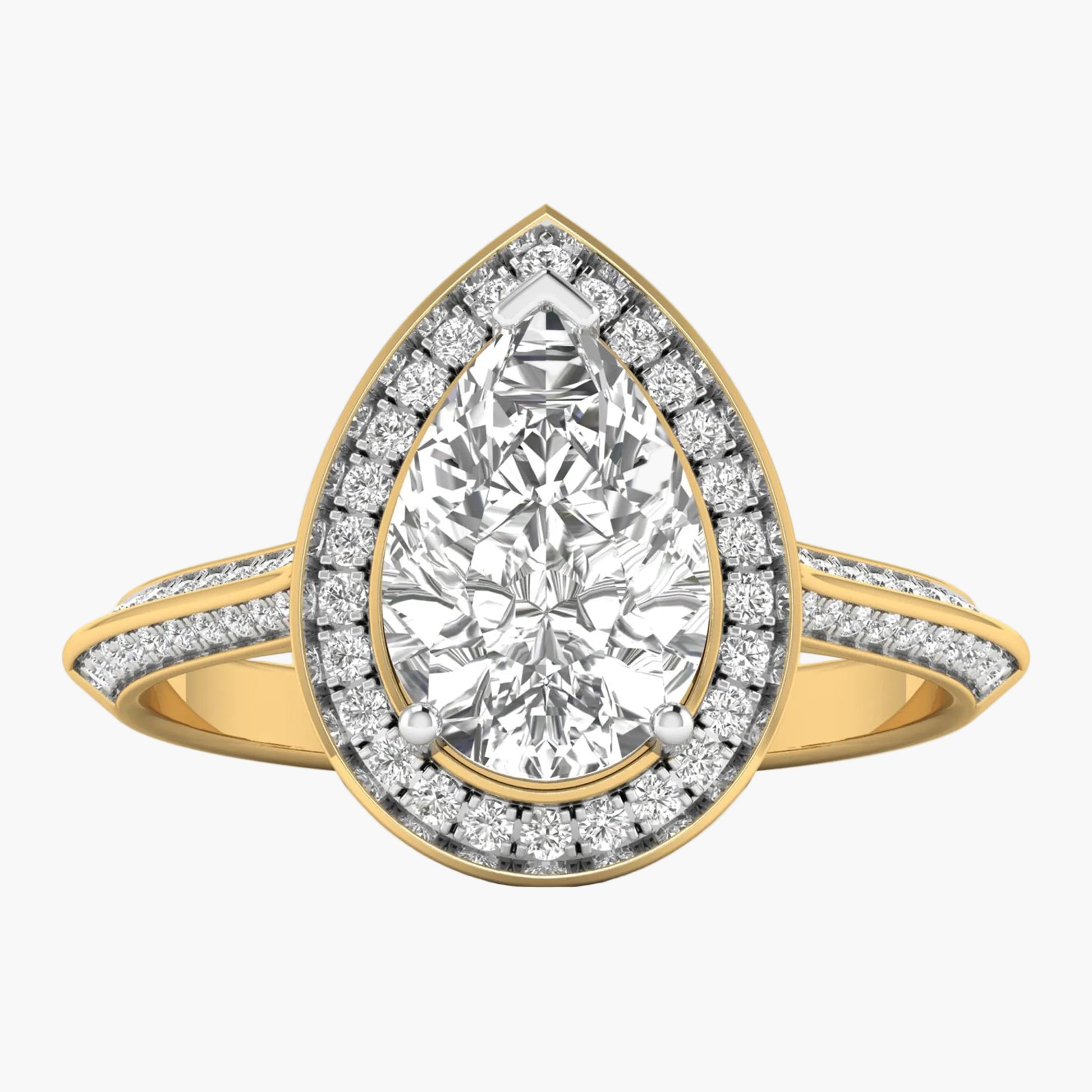 Gold ring with a pear-shaped diamond and diamond-studded band on a white background