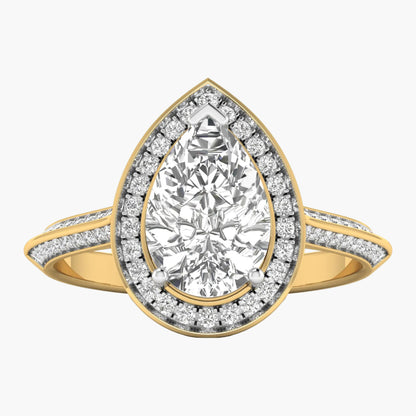 Gold ring with a pear-shaped diamond and diamond-studded band on a white background