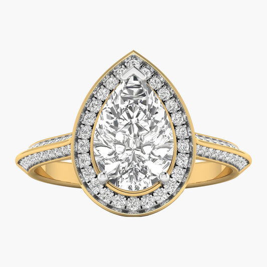 Gold ring with a pear-shaped diamond and diamond-studded band on a white background