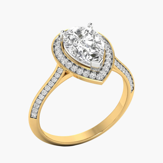 Gold ring with a large diamond and smaller diamonds on a white background