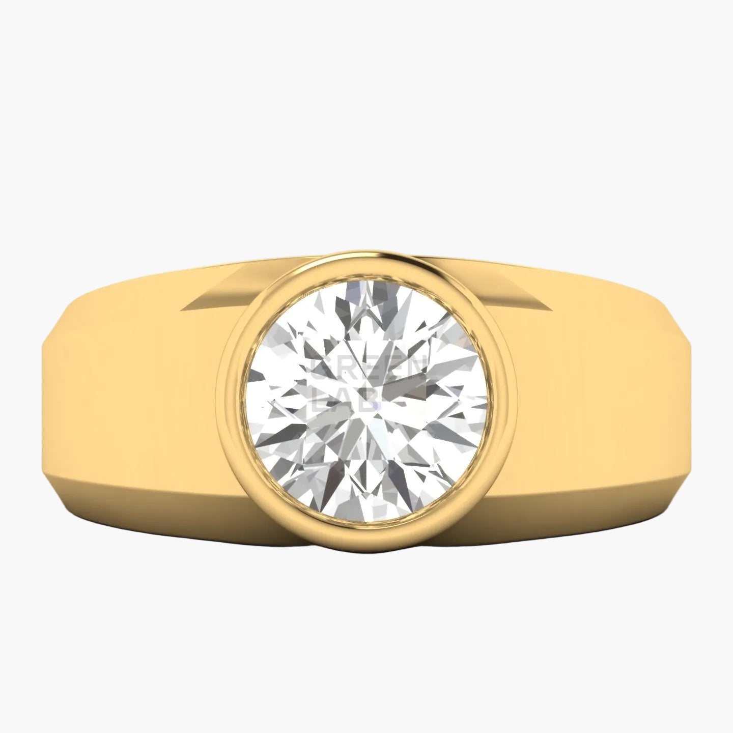 Gold ring with a large diamond on a white background