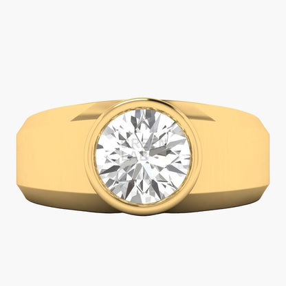 Gold ring with a large diamond on a white background