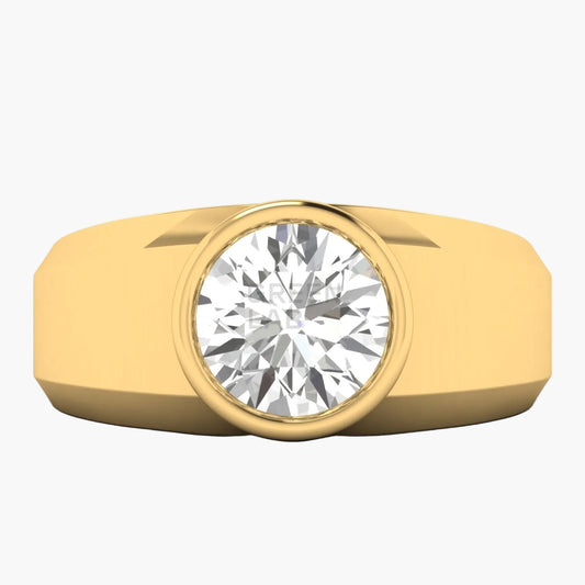 Gold ring with a large diamond on a white background