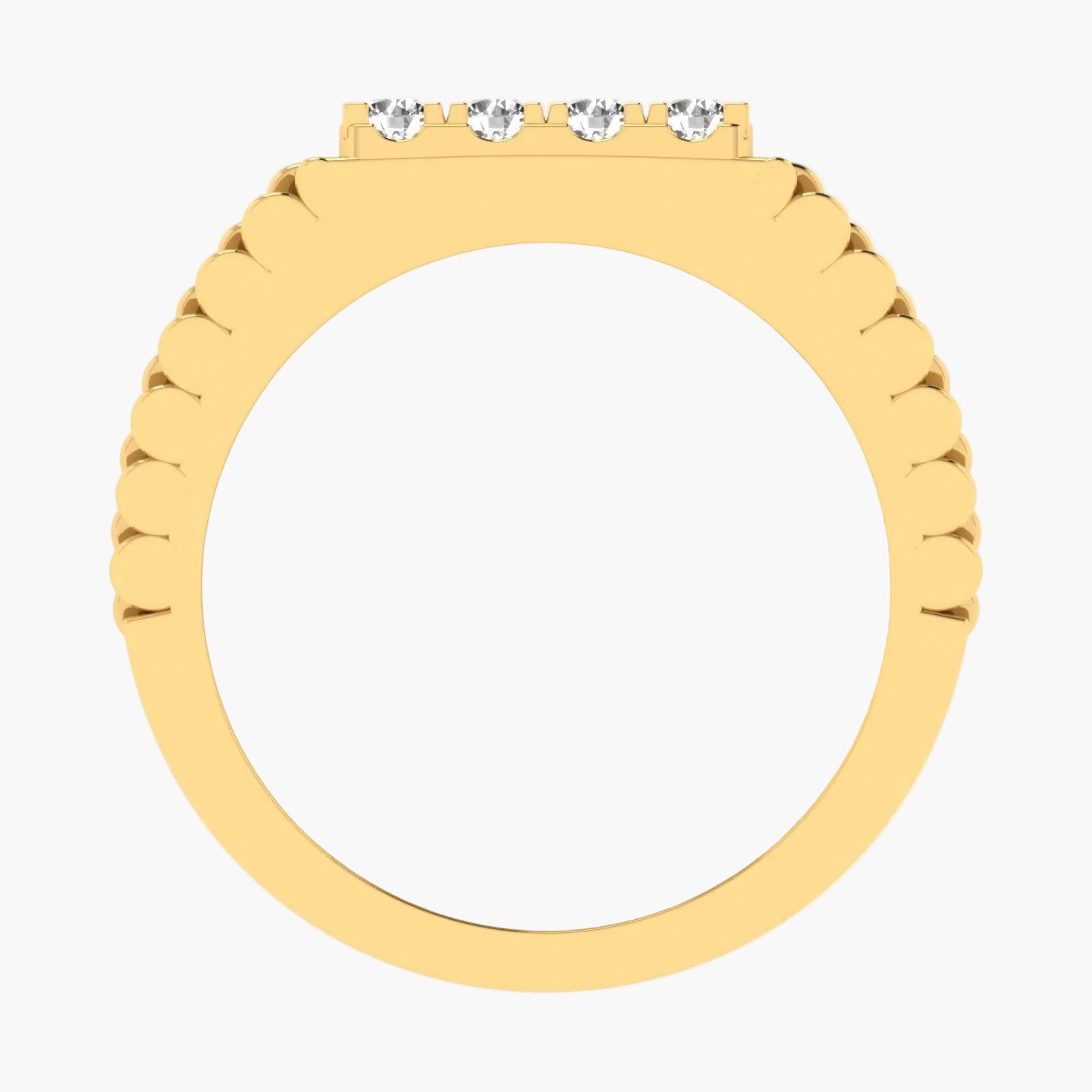 Gold ring with three diamonds on a white background, branded 'Green Lab'.