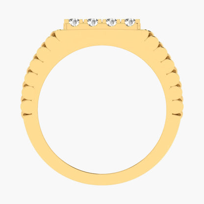 Gold ring with three diamonds on a white background, branded 'Green Lab'.