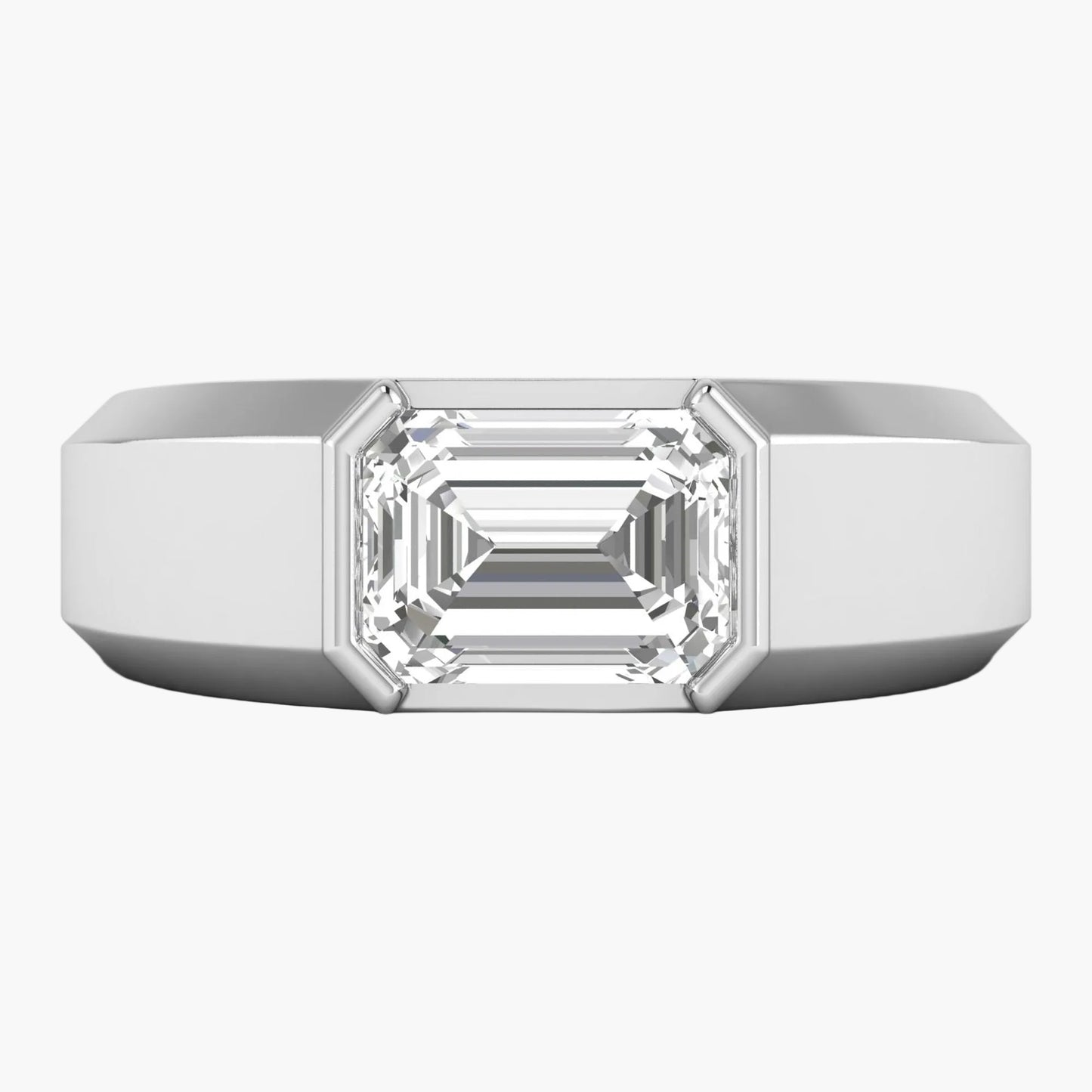 Silver ring with a large diamond on a white background