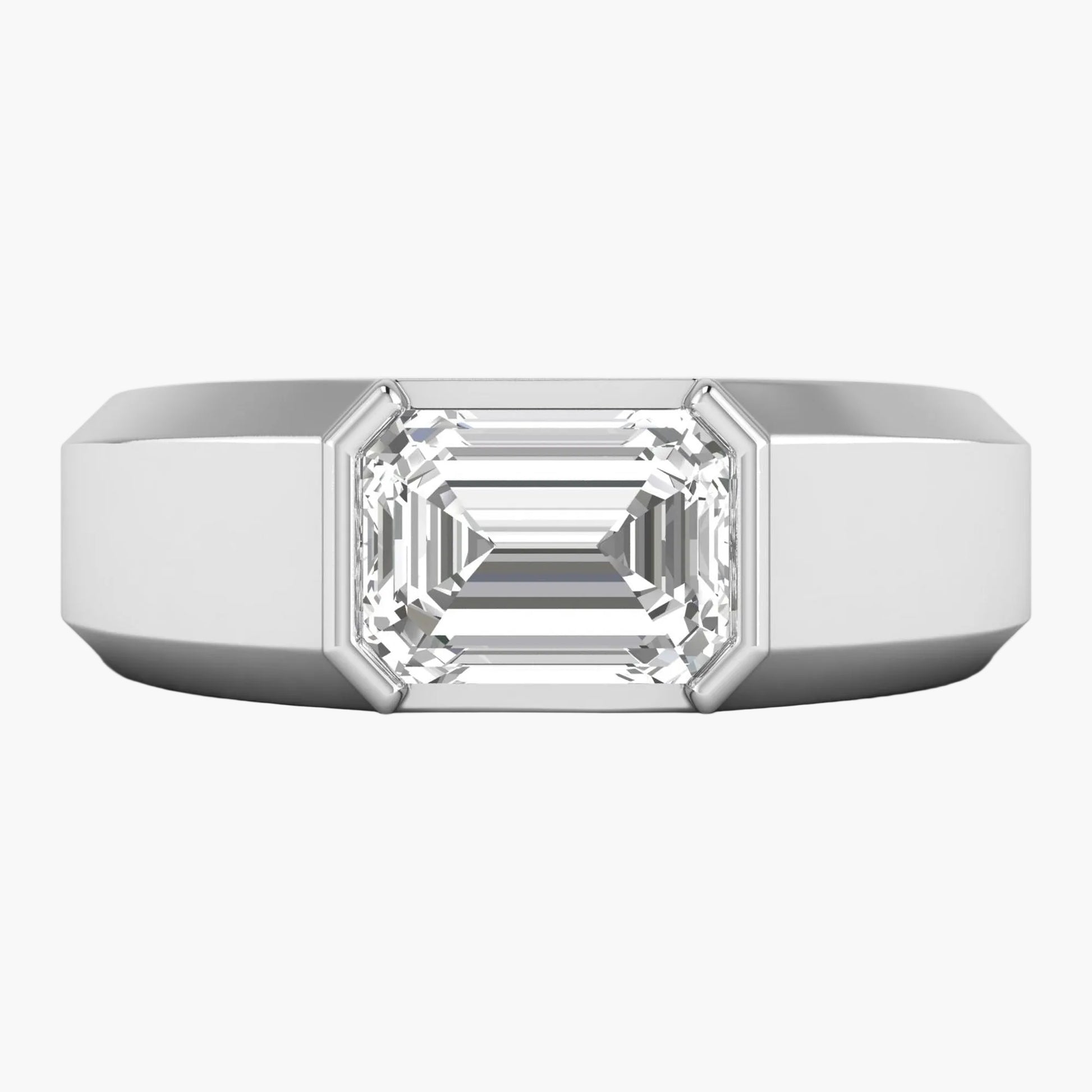 Silver ring with a large diamond on a white background