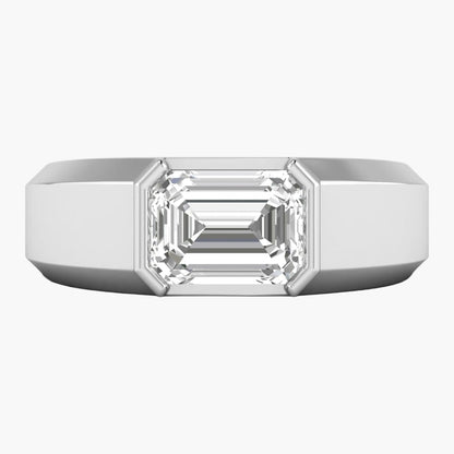 Silver ring with a large diamond on a white background