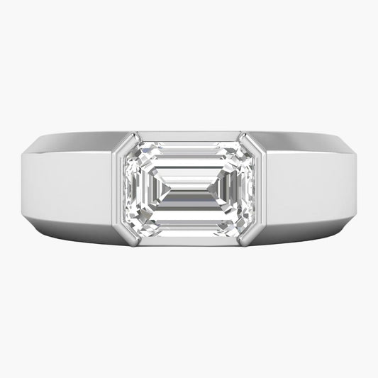 Silver ring with a large diamond on a white background