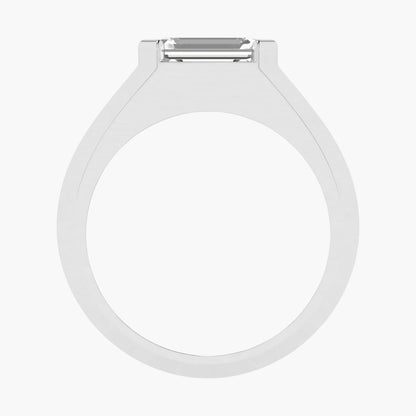 Silver ring with a rectangular gemstone on a white background