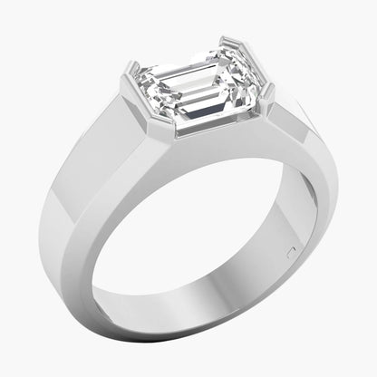 Silver ring with a large diamond on a white background