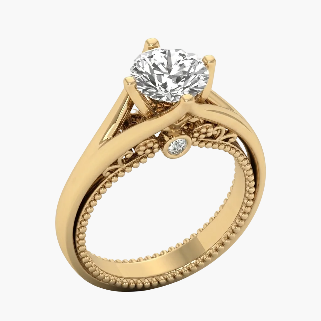 Gold ring with a diamond on a white background
