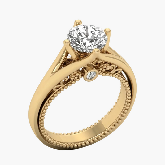 Gold ring with a diamond on a white background