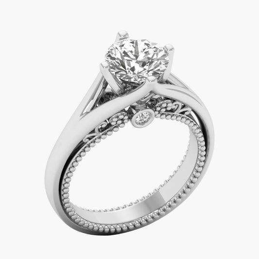 Diamond ring with intricate design on a white background