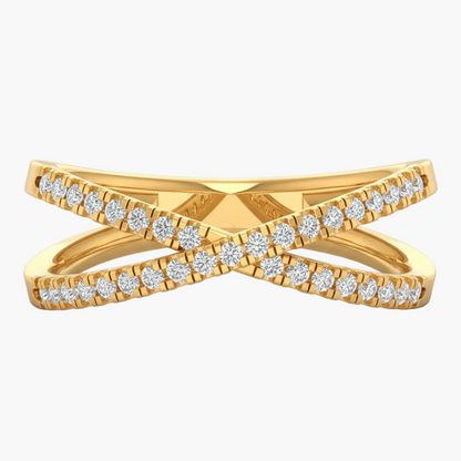 Gold ring with diamond accents on a white background