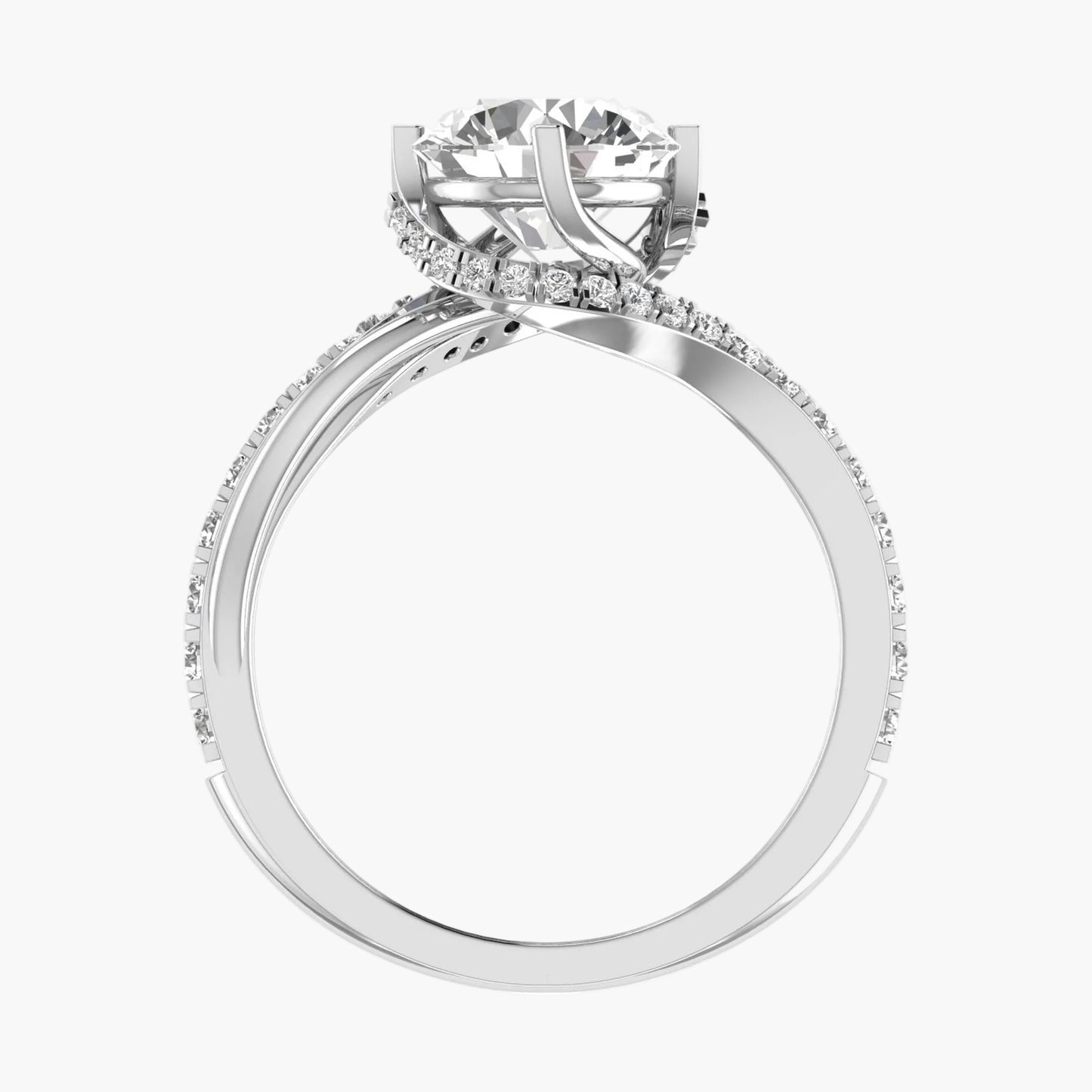 Diamond ring with a large central gemstone and smaller stones on a white background